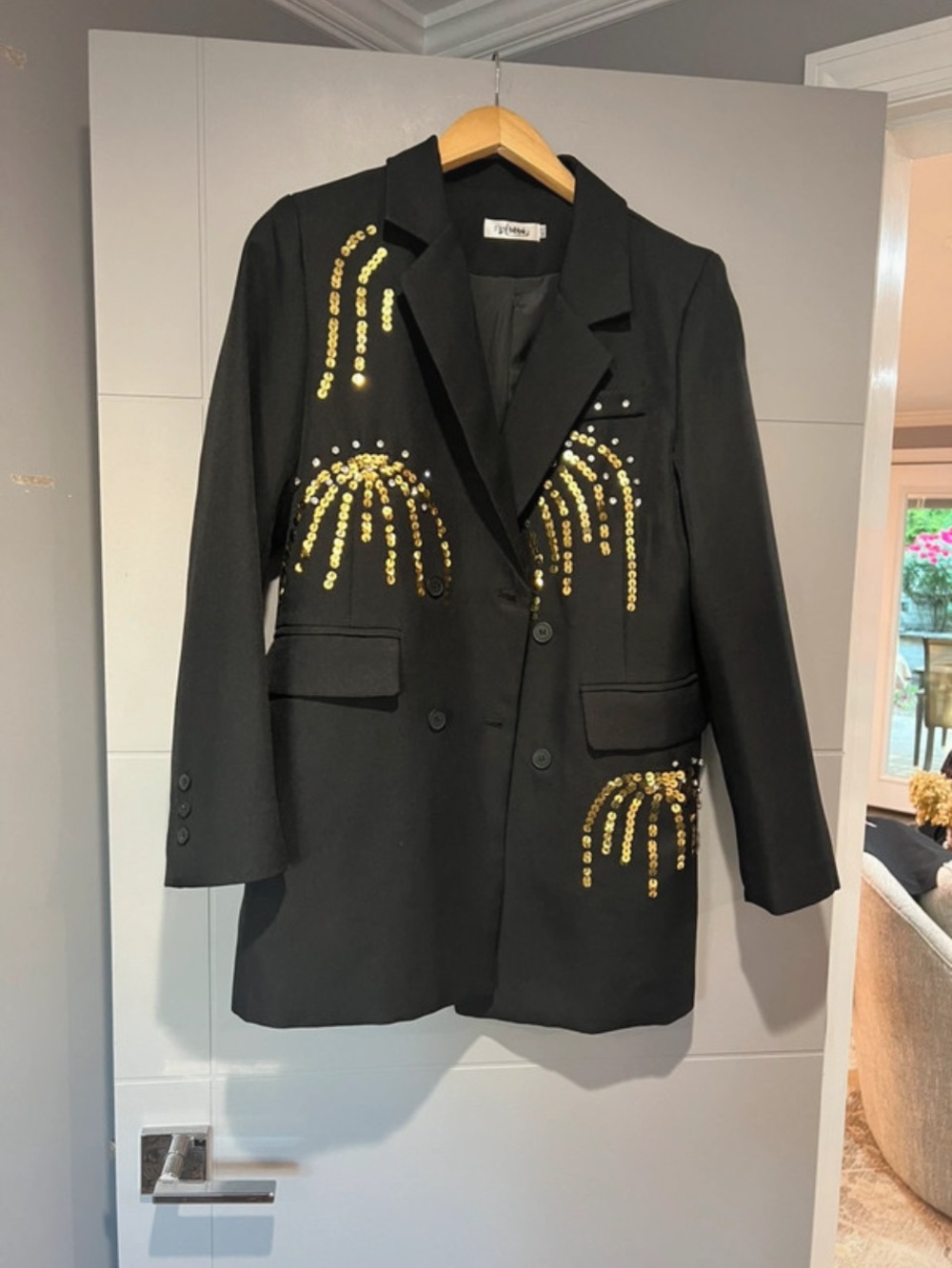 Black Sequin-Embellished Blazer with Gold Accents
